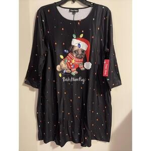 Dress Works Womens Large Black “Bah Hum Pug” Dog Christmas Midi Dress NWT! A853